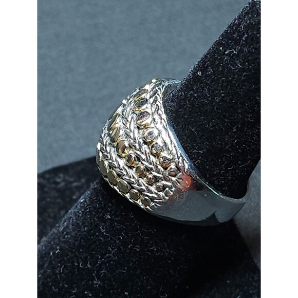 Wide Silver & Gold Tone Textured Band Ring With Braided & Dotted Design Size 8 - Picture 4 of 7